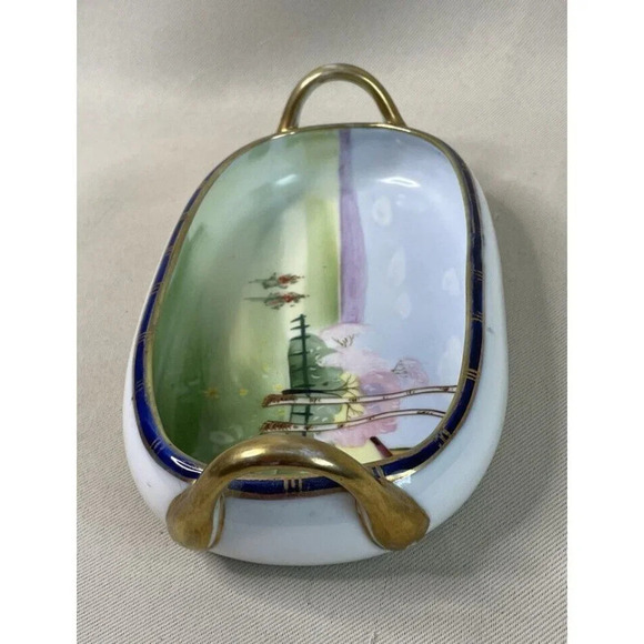 Nippon Hand Painted Double Handle House Tree Floral Scene Oval‎ Bowl Vintage - Picture 5 of 8